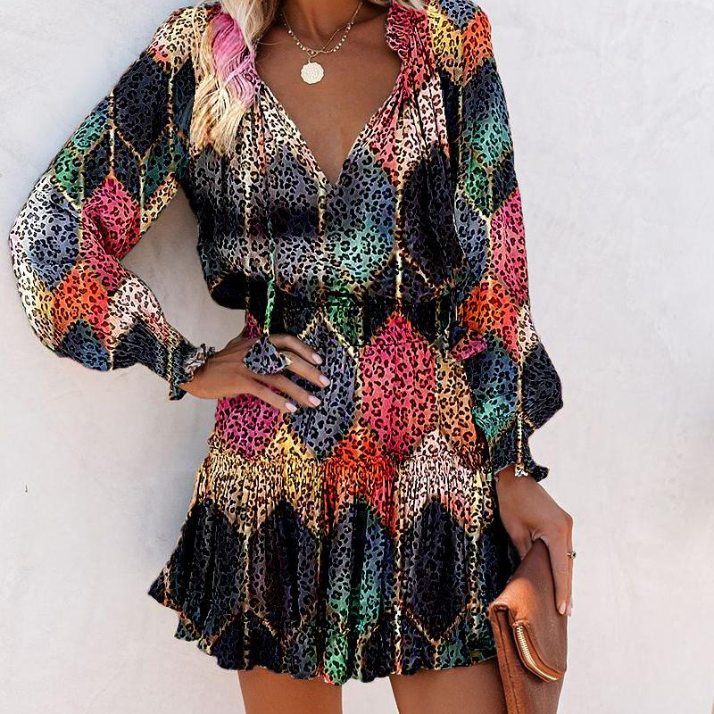 V-neck Mini Dress with Long Sleeves and Ruffled Hem for Women