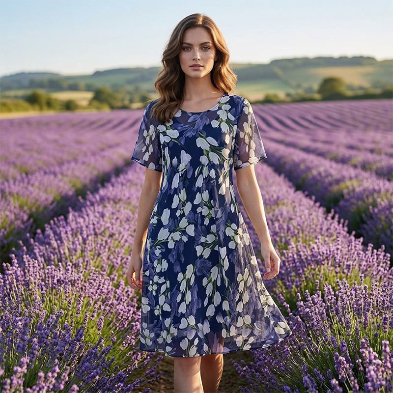 Short Sleeve A-Line Evening Dress Elegant Floral Print, Double Layer Chiffon & Flattering Knee Length Cut