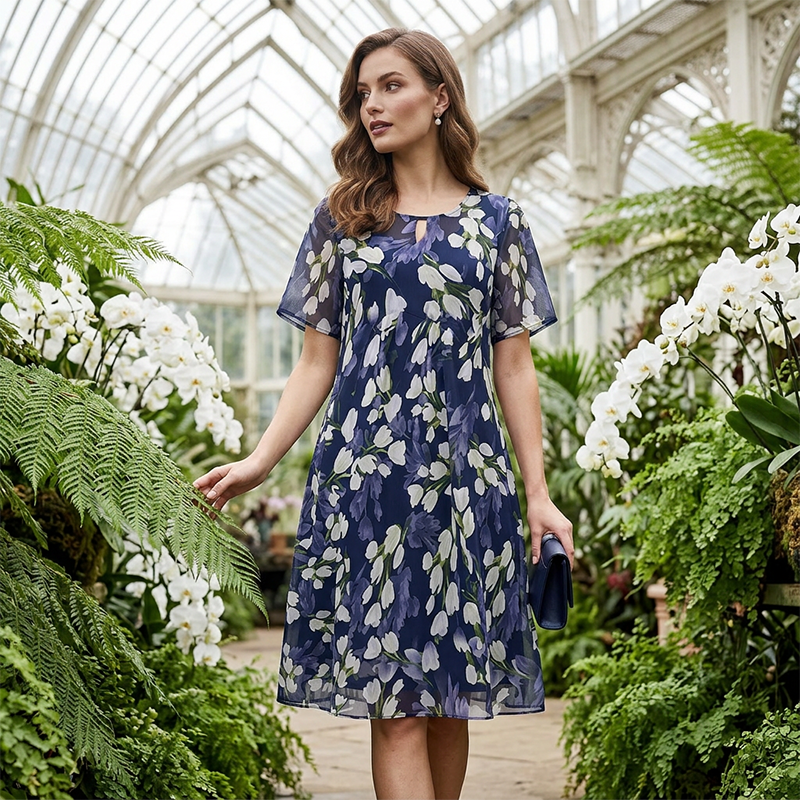 Short Sleeve A-Line Evening Dress Elegant Floral Print, Double Layer Chiffon & Flattering Knee Length Cut