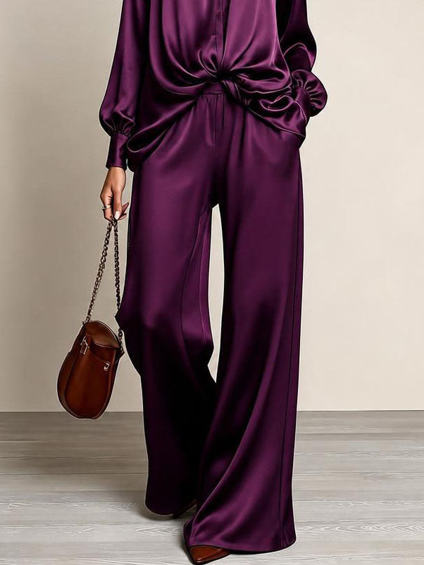 Womens Satin Stand Collar Button Down Shirt High Waist Wide Leg Trousers Luxury Purple Two Piece Set Outfit