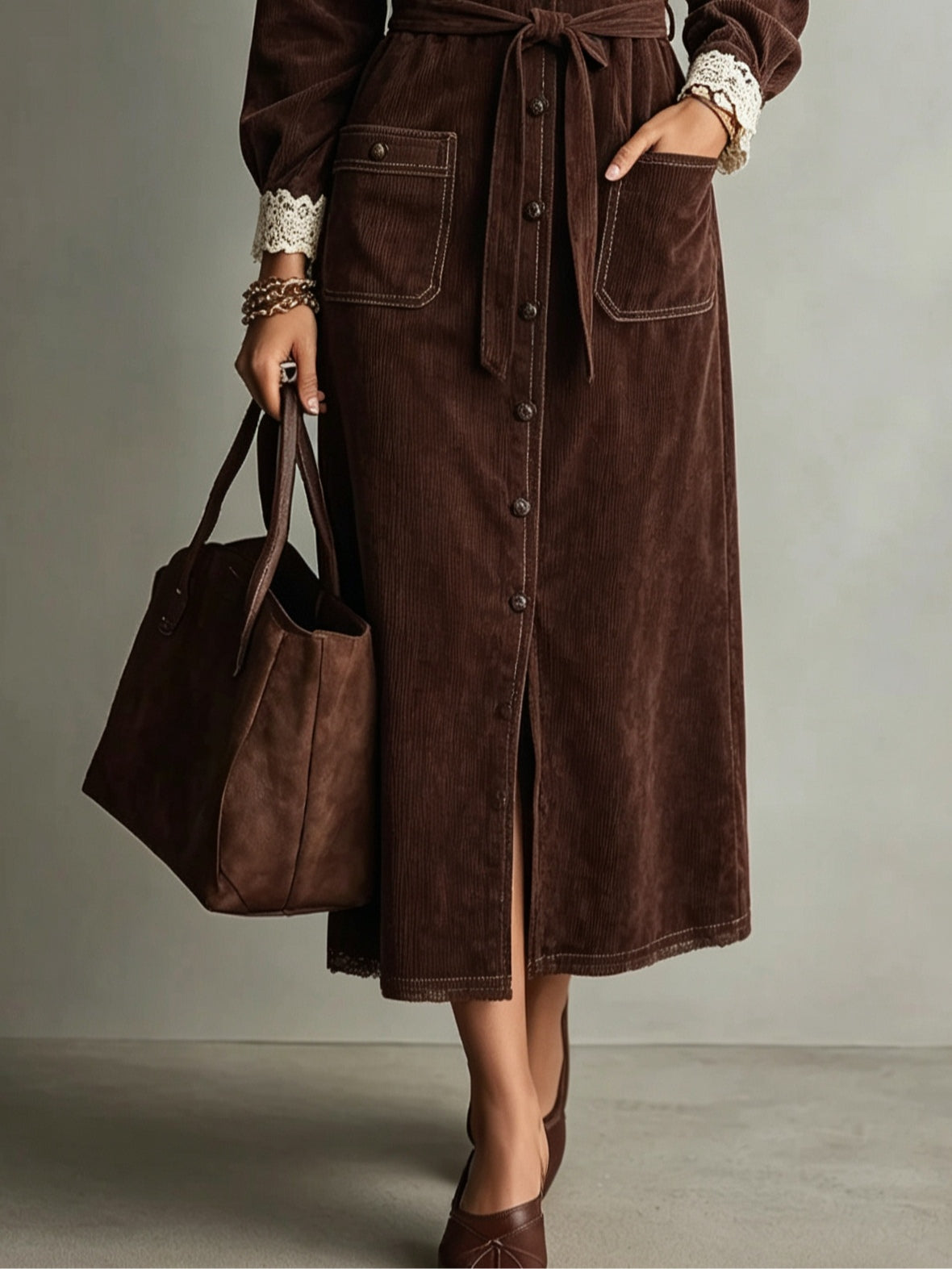 Brown Corduroy Lace Collar Shirt Dress