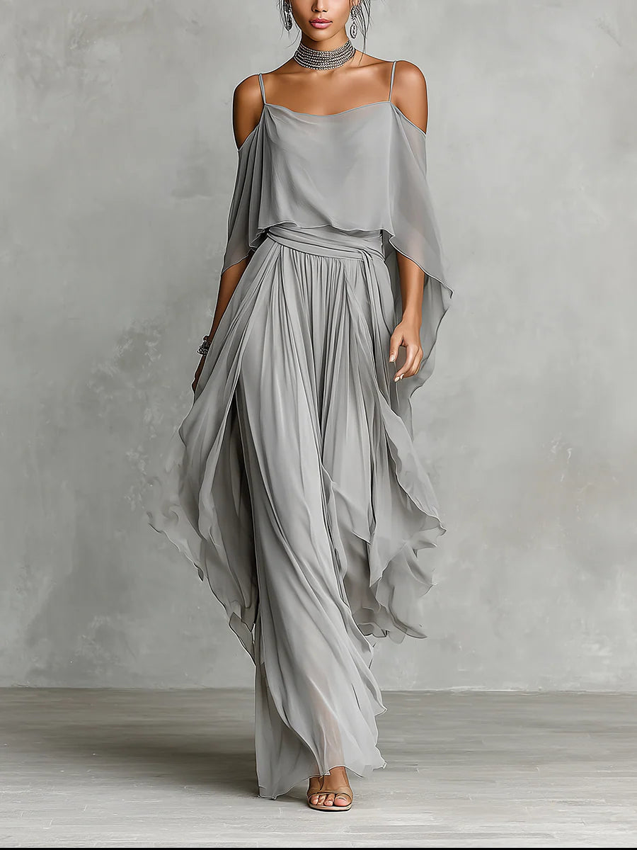 Grey Off Shoulder Flowy Camisole and Trousers Chiffon Set