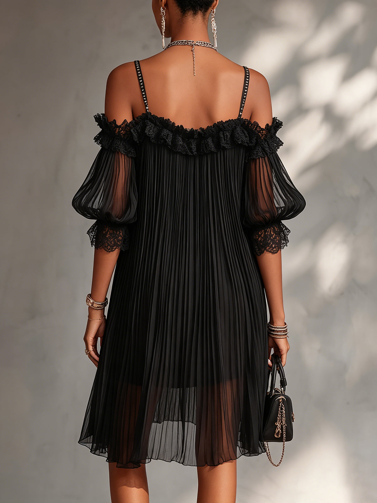 Livia | Black Chiffon Mini Dress with Off-the-Shoulder and Lace Trim