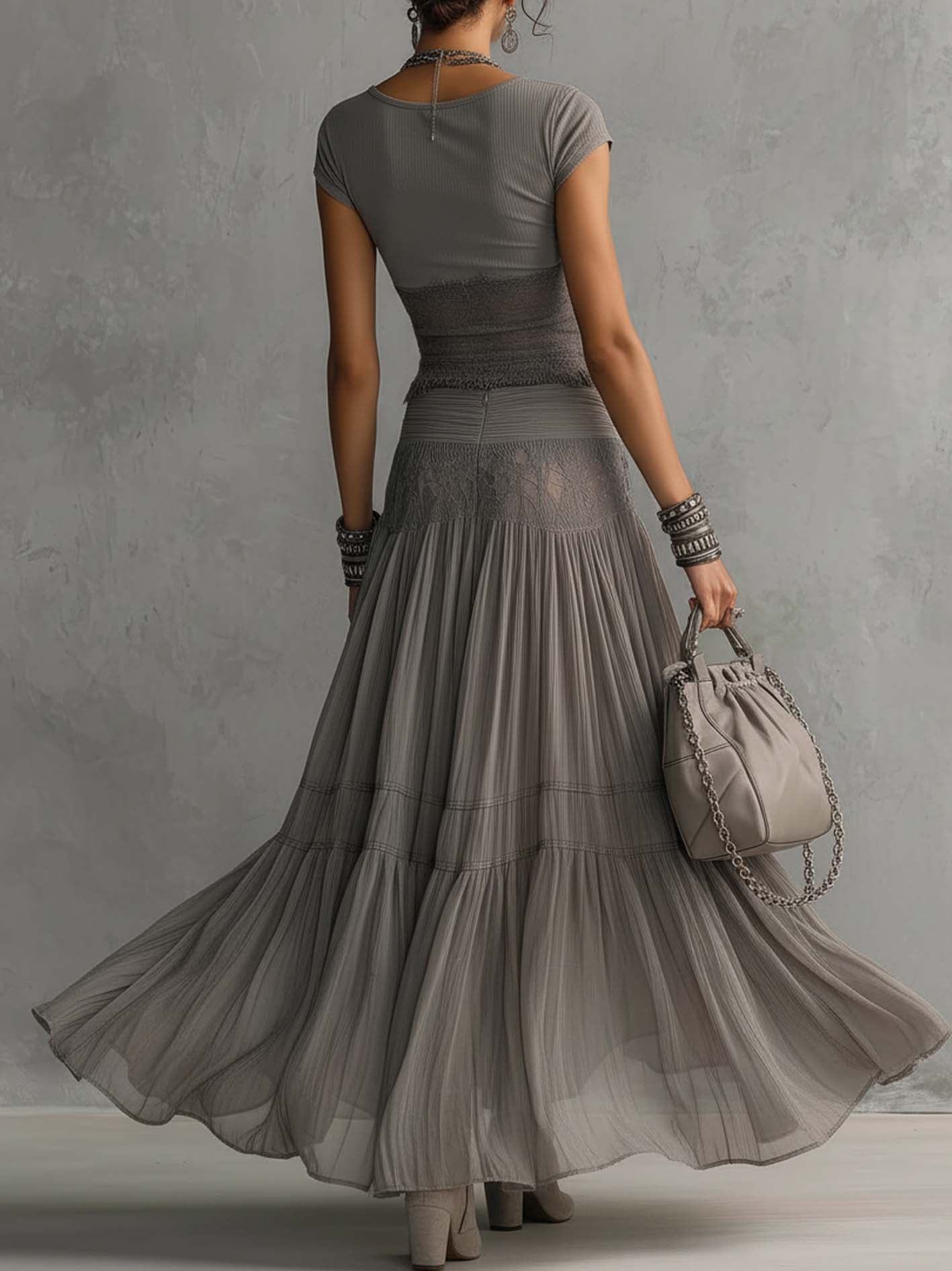 Grey Sheer Lace Paneled Top and Pleated Maxi Skirt Set