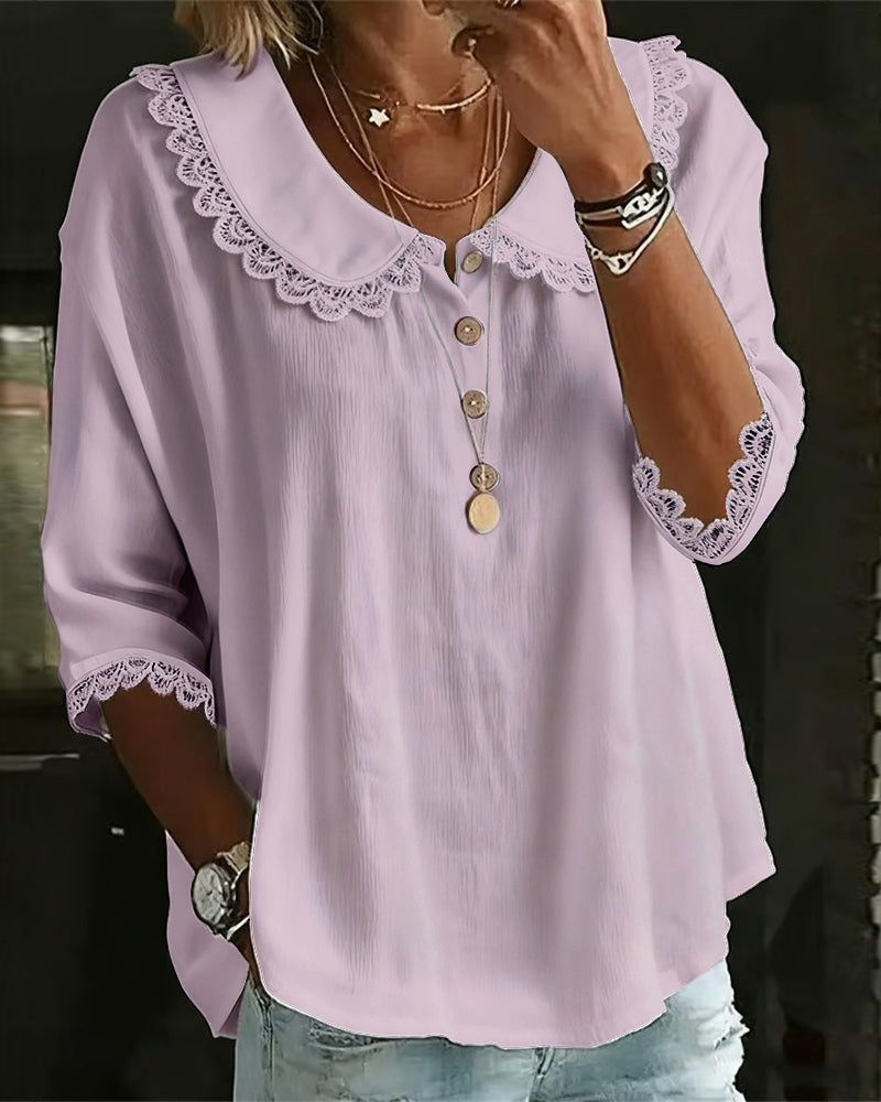 Blouse with Lace Insert Peter Pan Collar