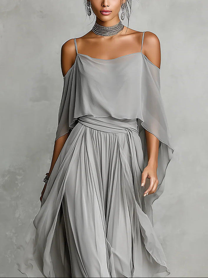Grey Off Shoulder Flowy Camisole and Trousers Chiffon Set