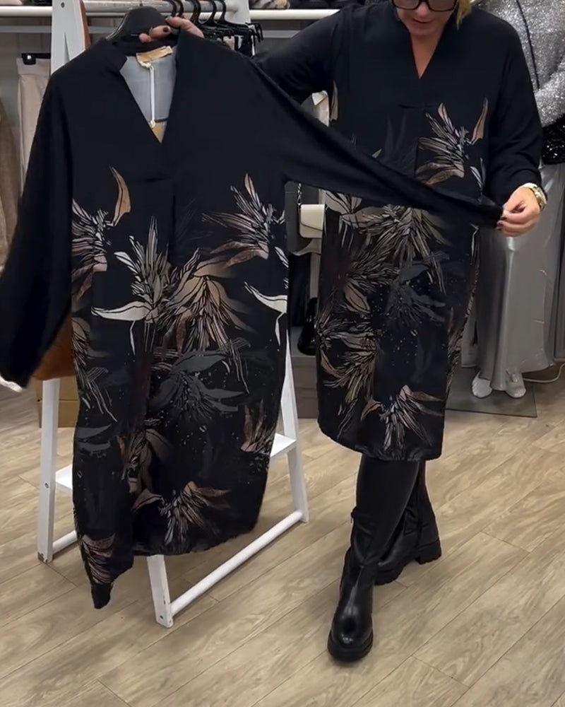 Dress V-neck Leaf Print Long Sleeve