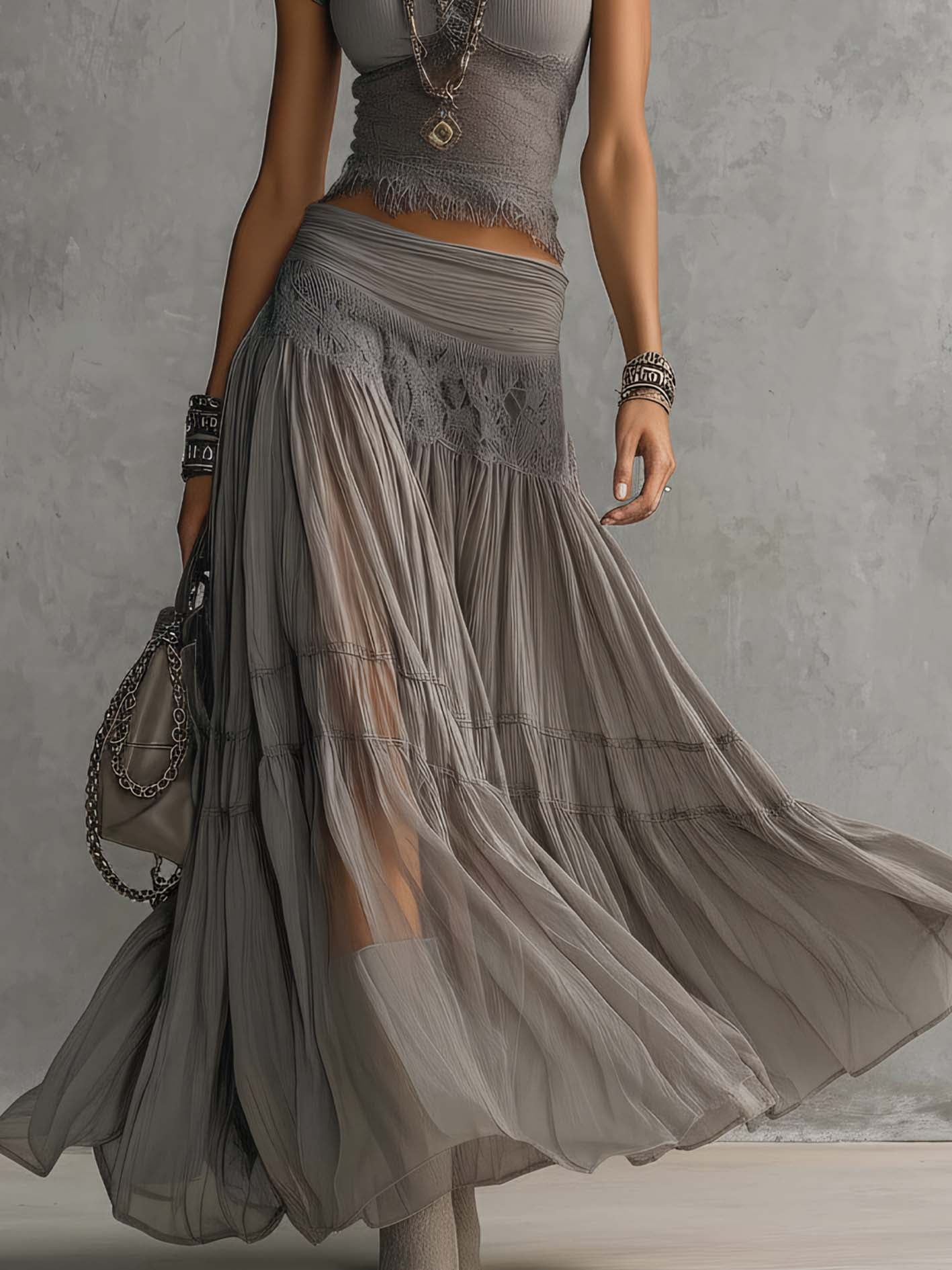 Grey Sheer Lace Paneled Top and Pleated Maxi Skirt Set