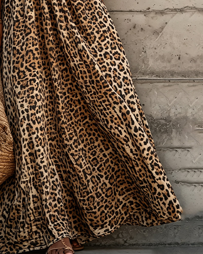 Leopard Print Dress V-Neck Puff Sleeve