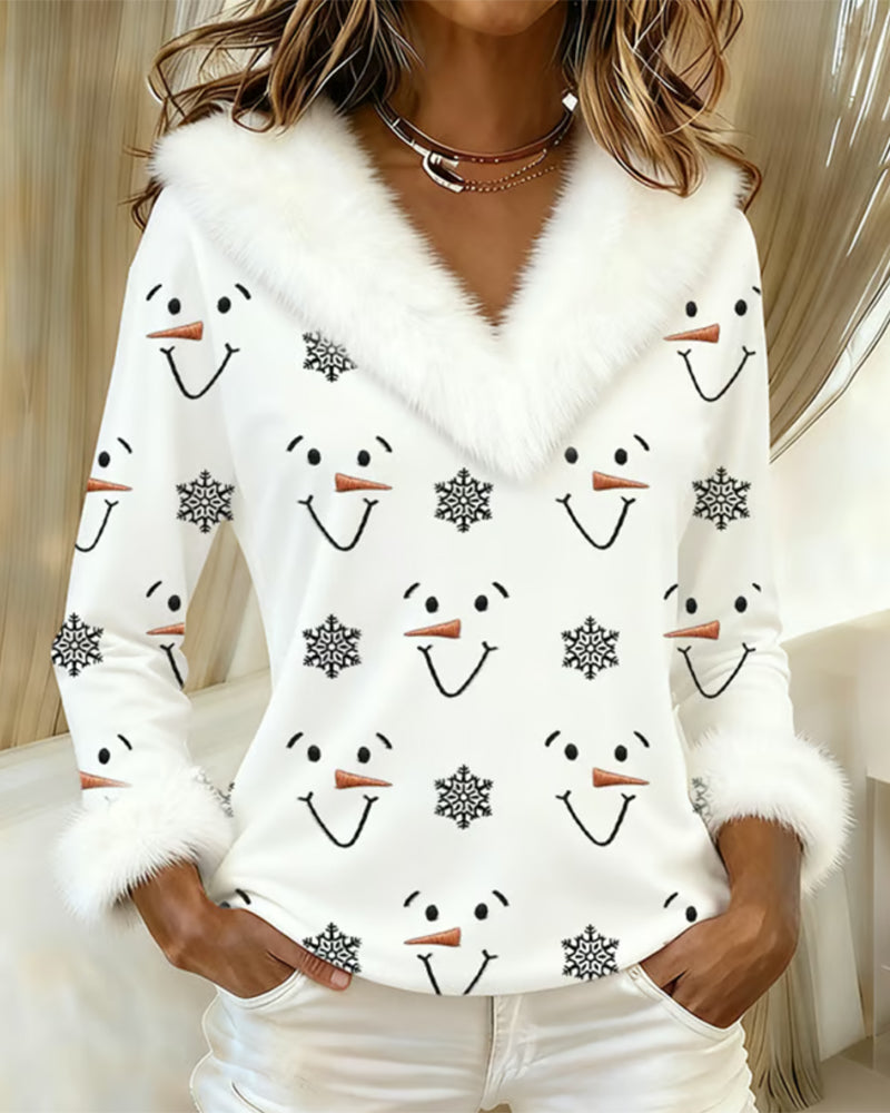 Trendy Printed Fur Collar Top