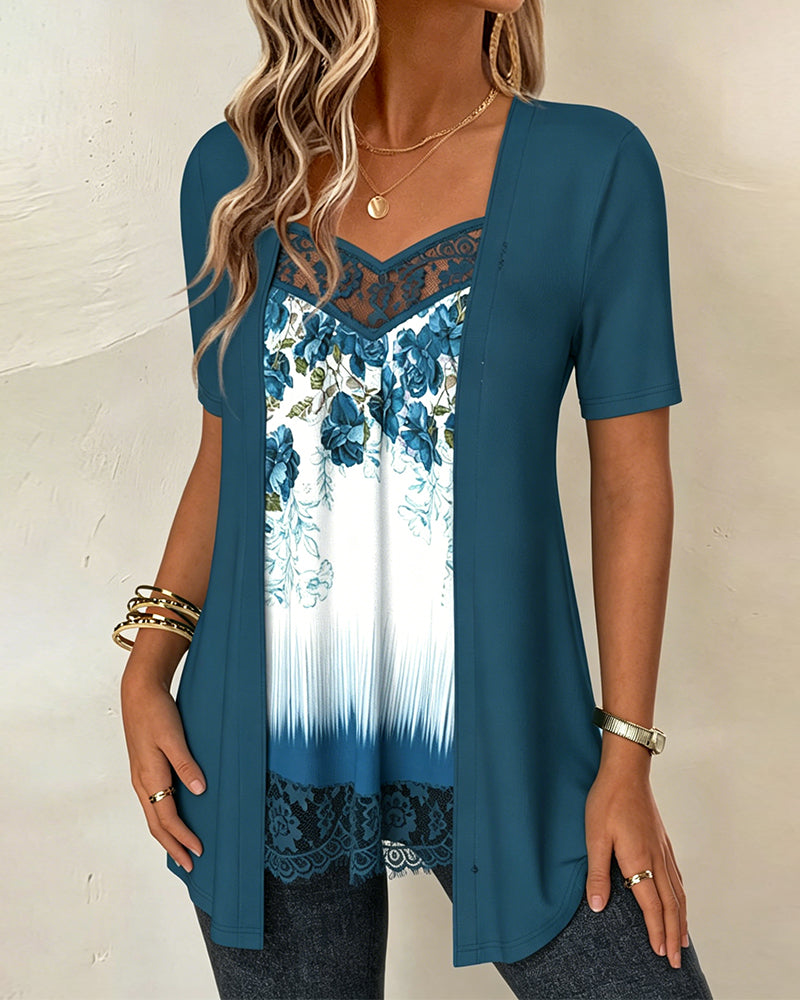 T-Shirt Printed Faux Two-Piece Casual Short Sleeve