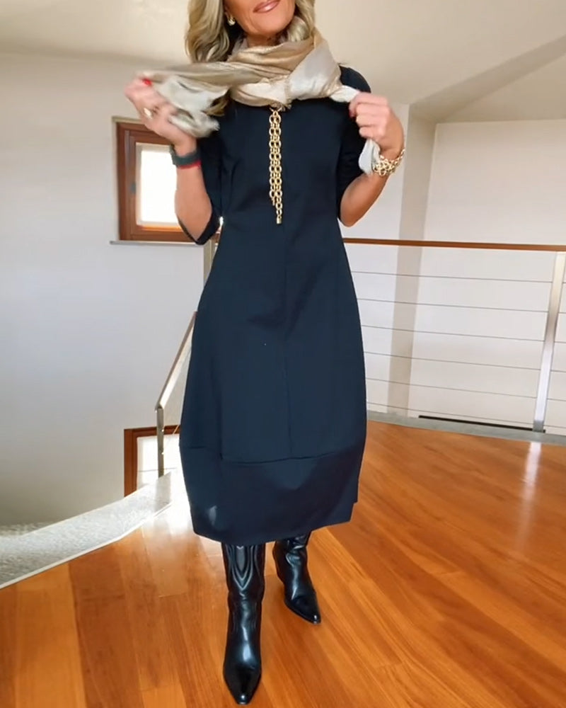 Elegant Solid Color Dress with Pocket and Round Collar