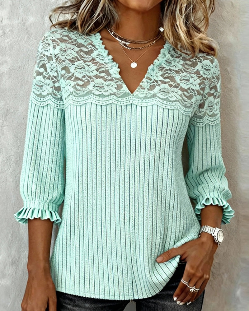 Solid and Patchwork Blouse with V Neck