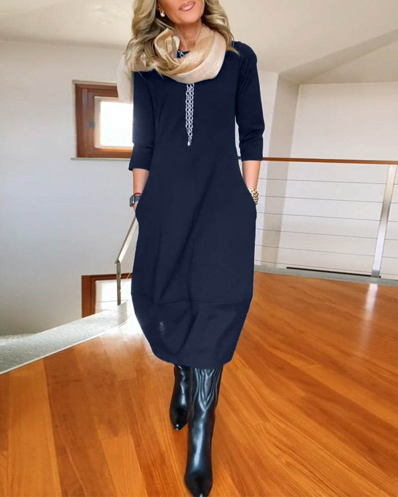 Elegant Solid Color Dress with Pocket and Round Collar