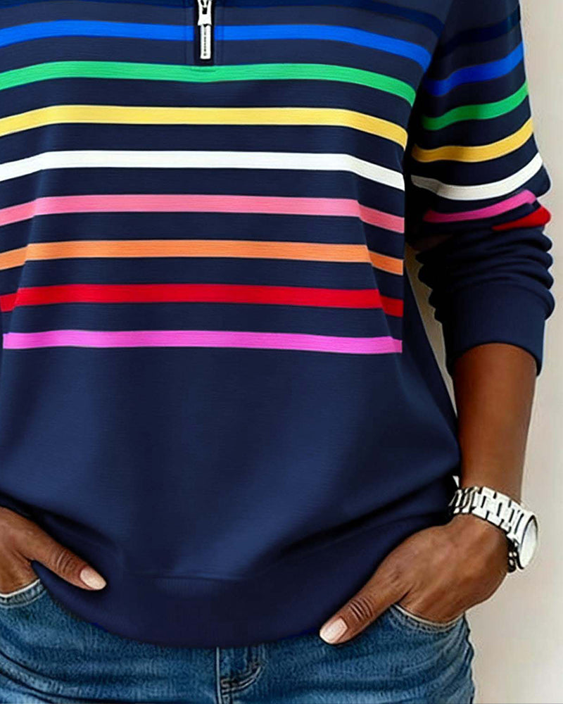 Mode Sweatshirt with Half Zip and Rainbow Stripes