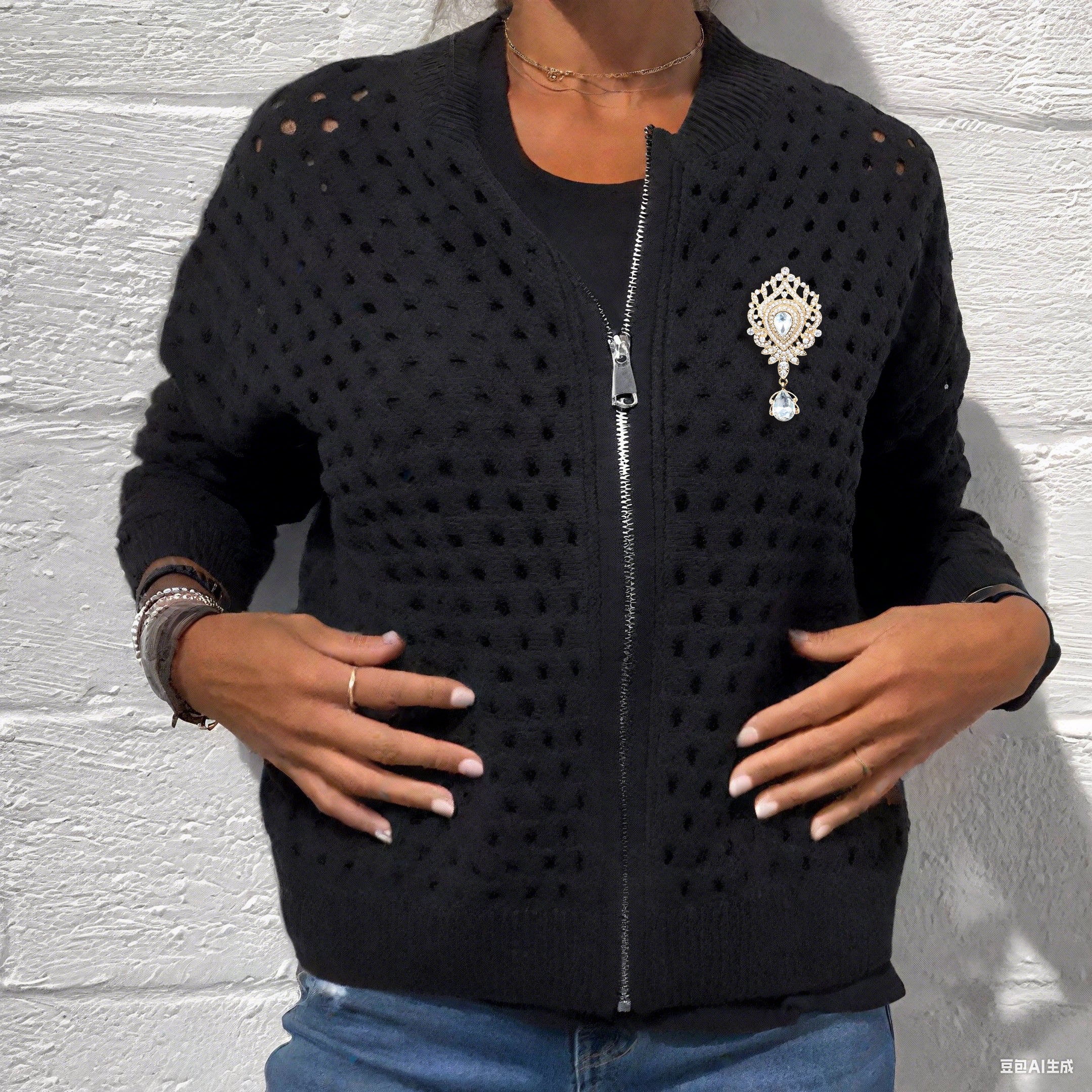 Casual Zip-Up Cardigan for Women with Hollow Design