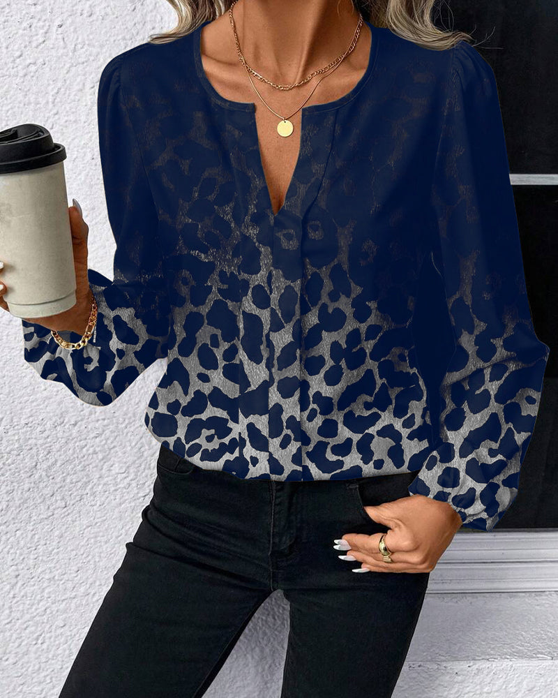 Shirt Puff Sleeve Gradient Leopard Print
