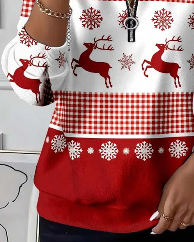 Zippered Sweatshirt with Snowflake Print