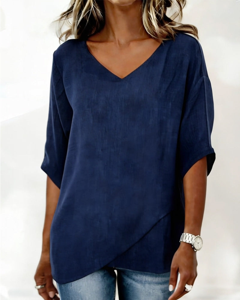 Irregular Hem Top Solid Color V Neck