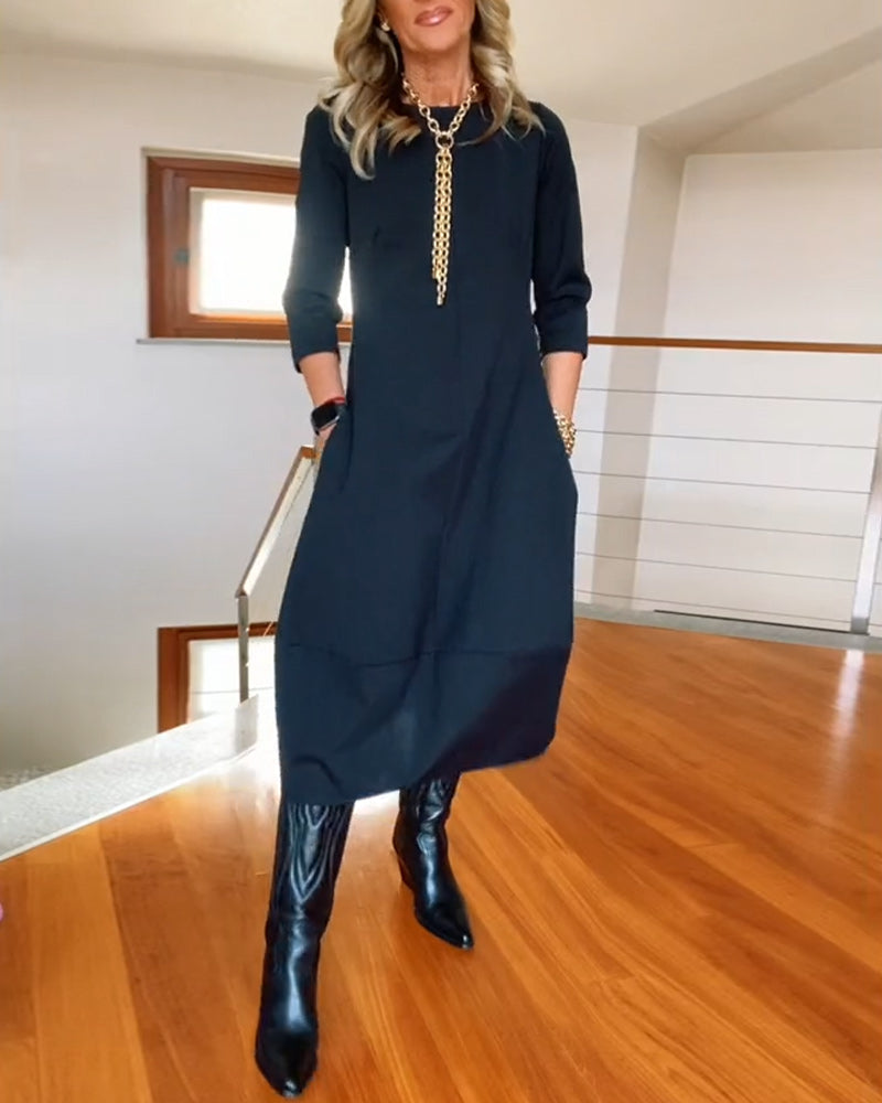 Elegant Solid Color Dress with Pocket and Round Collar