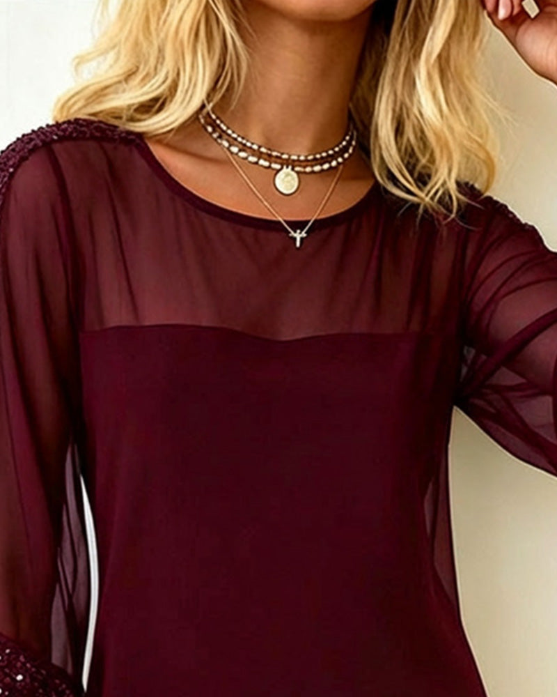 Dress Glitter Paneled Mesh Round Neck