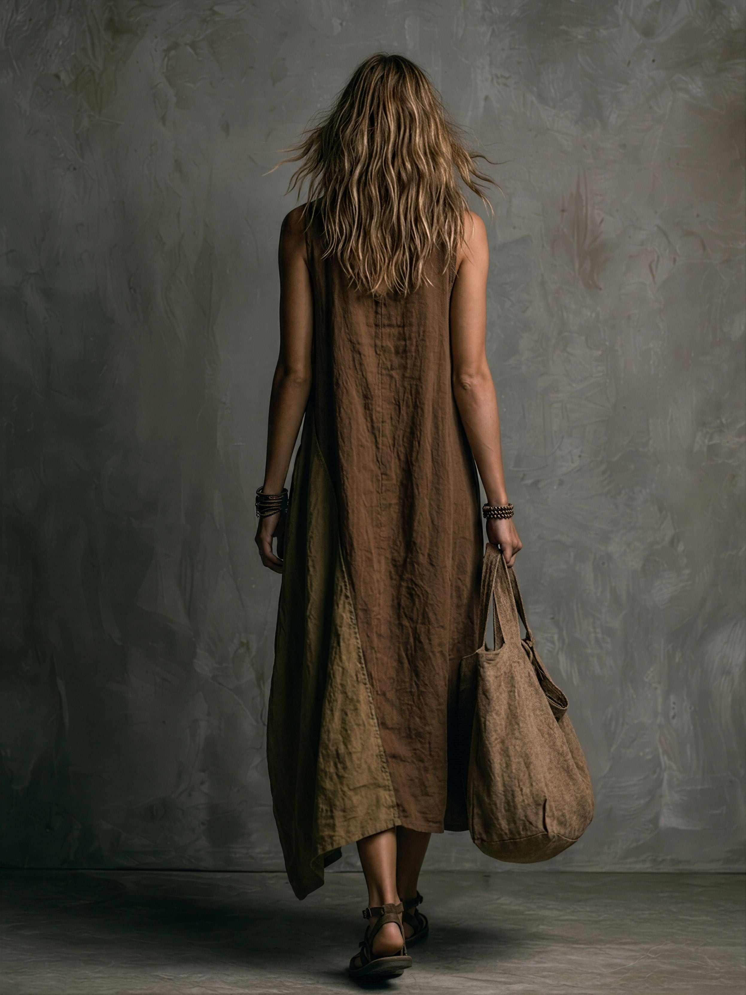 Women's Casual Brown And Khaki Cotton-Linen Patchwork V-Neck Sleeveless Asymmetrical Long Dress
