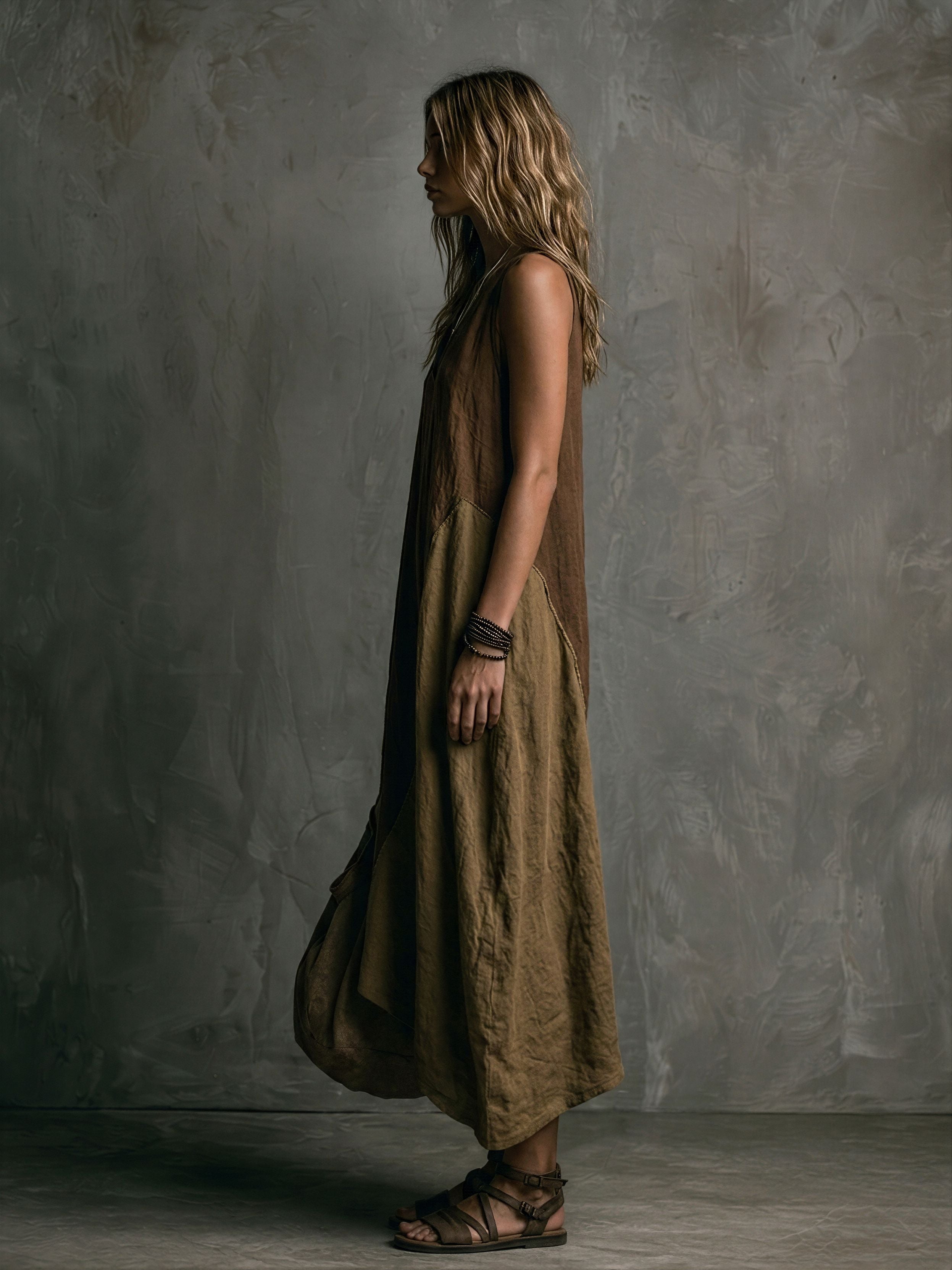 Women's Casual Brown And Khaki Cotton-Linen Patchwork V-Neck Sleeveless Asymmetrical Long Dress