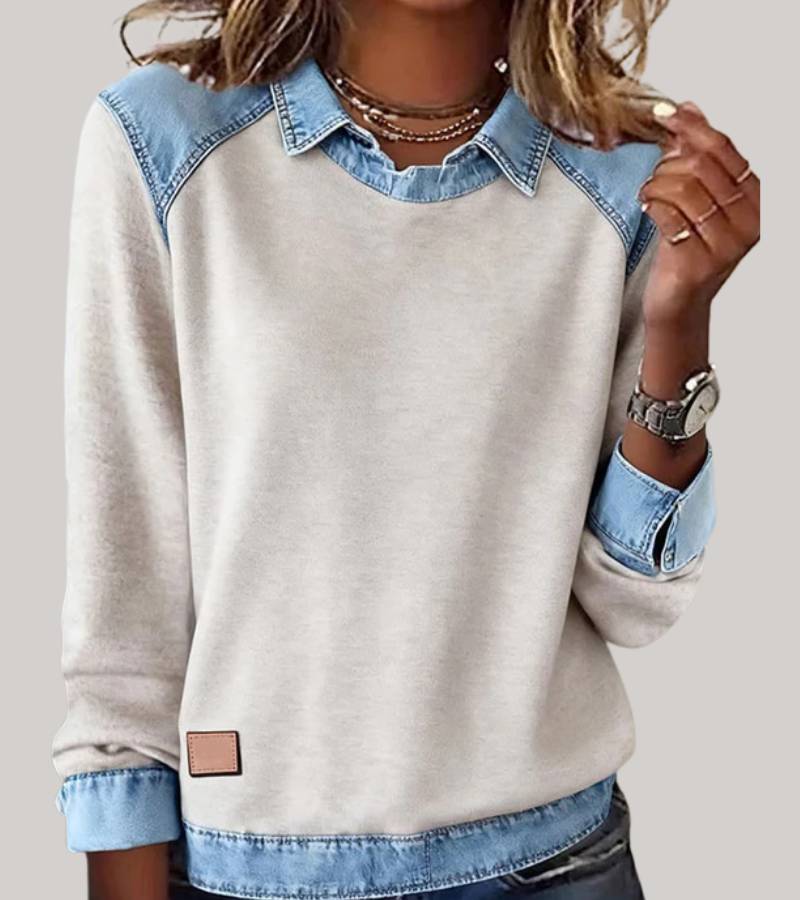 Silvia | Elegant Bimaterial Sweater with Denim Details