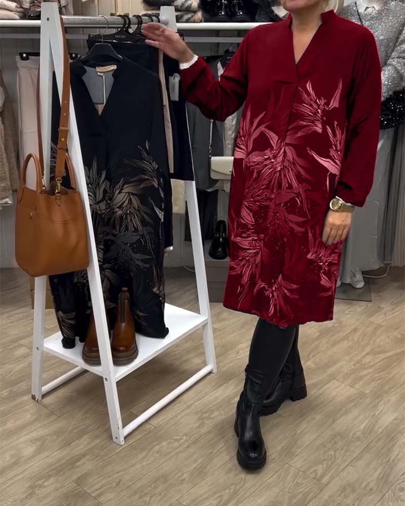 Dress V-neck Leaf Print Long Sleeve