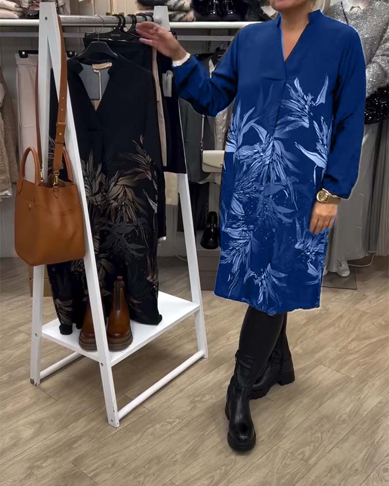 Dress V-neck Leaf Print Long Sleeve