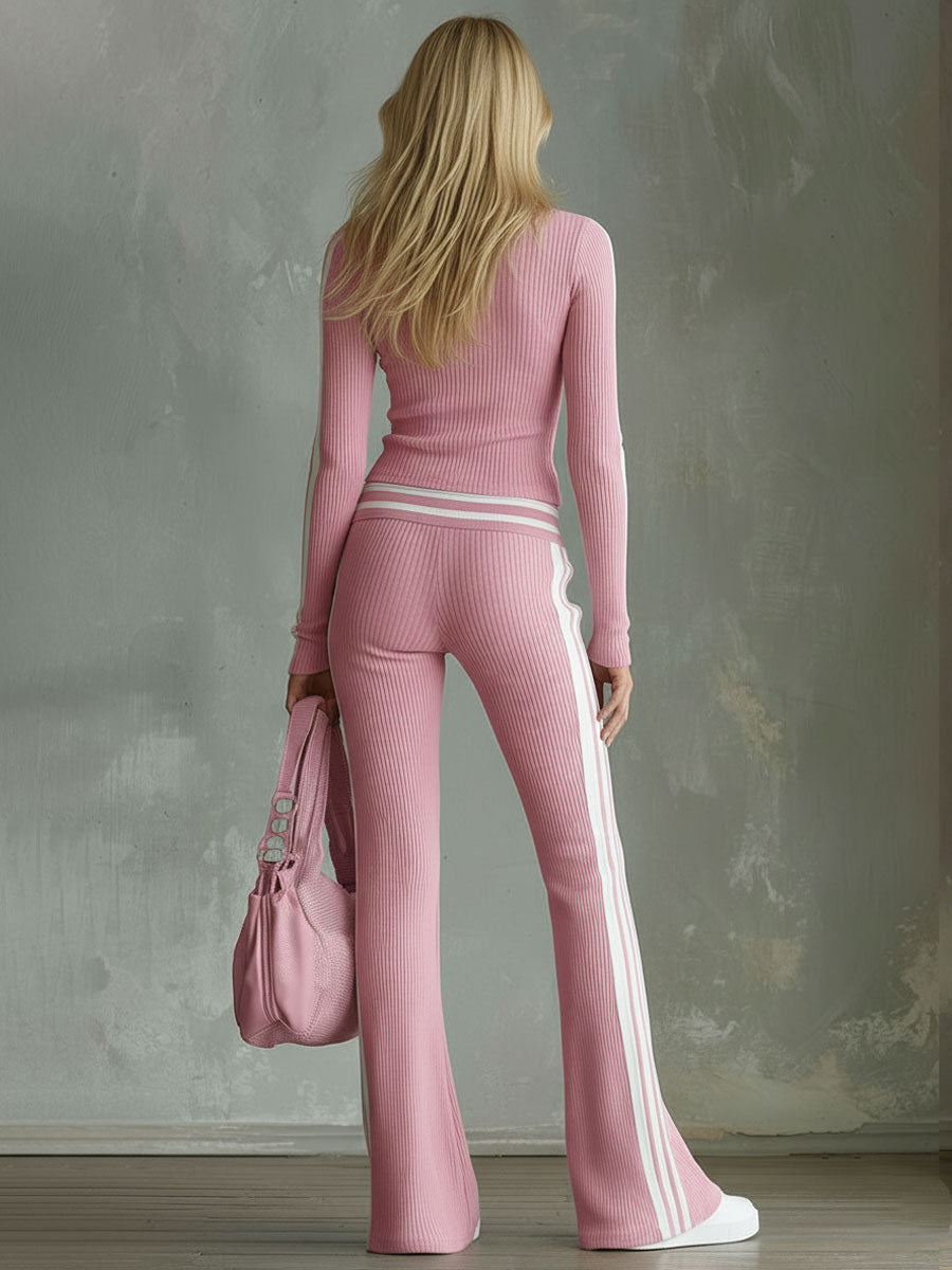 Color Blocked V-neck Long Sleeved Top And Trousers Ribbed Set