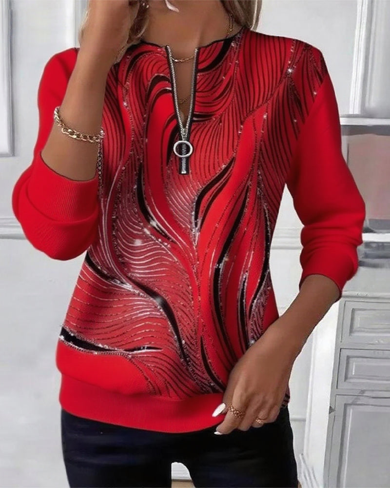 Casual Zip Print Sweatshirt