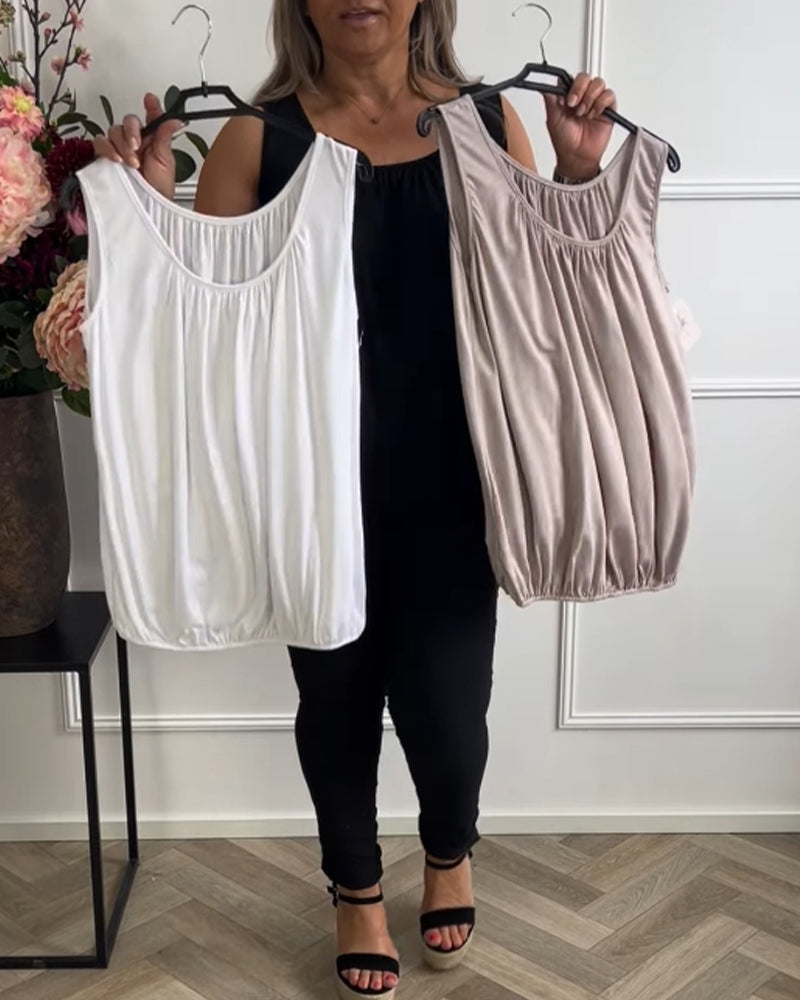 Top Without Sleeves Solid Color Pleated