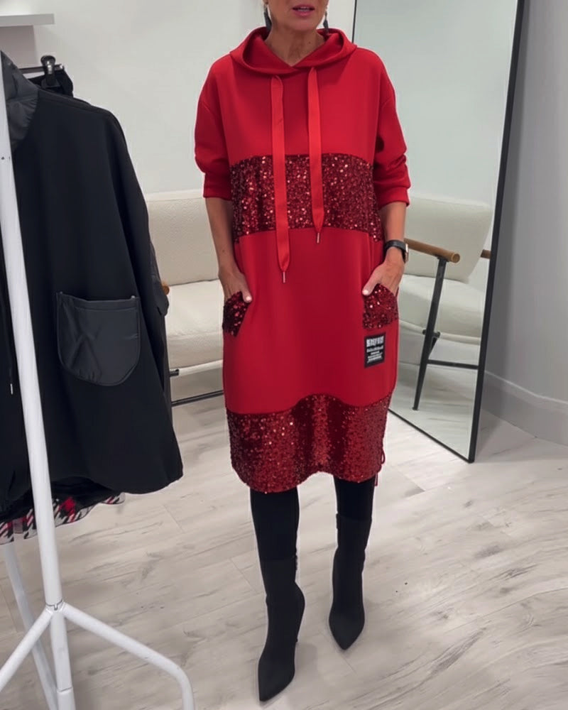 Trendy Hooded Dress with Patchwork