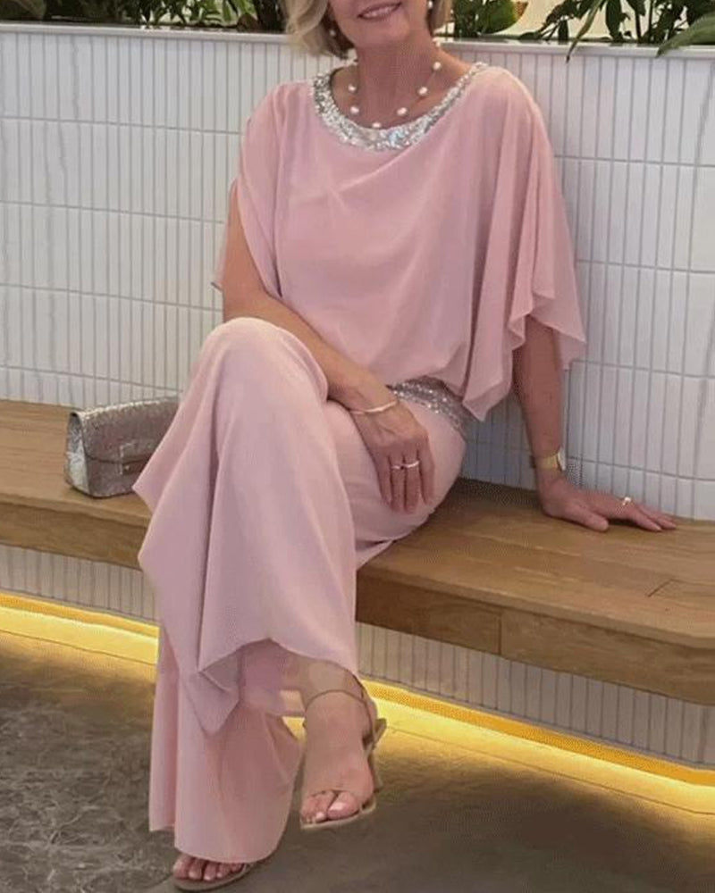Elegant Two Piece Set with Sequins and Color Block Design