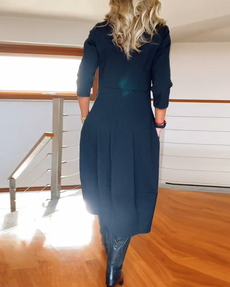 Elegant Solid Color Dress with Pocket and Round Collar