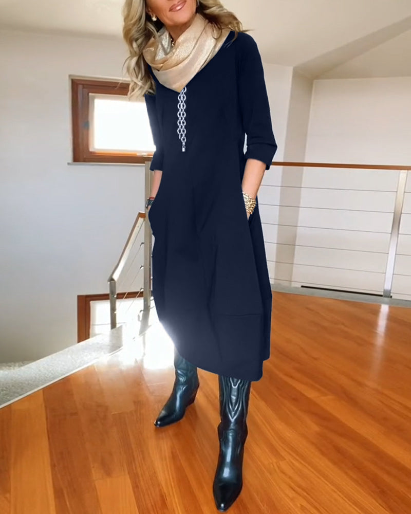 Elegant Solid Color Dress with Pocket and Round Collar
