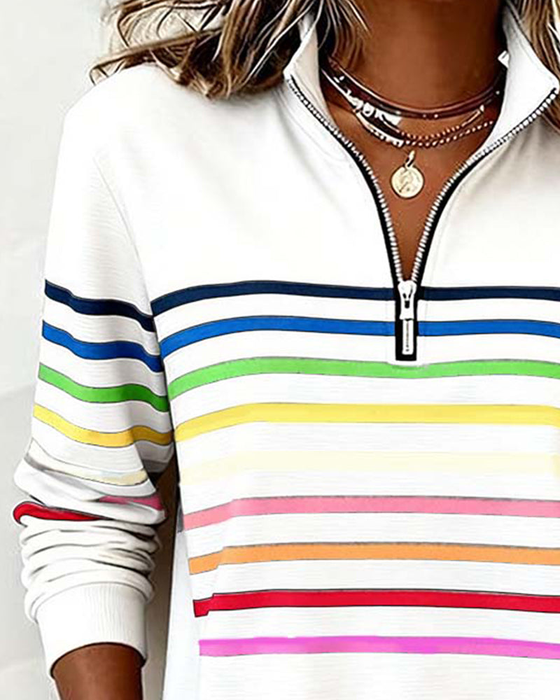 Mode Sweatshirt with Half Zip and Rainbow Stripes