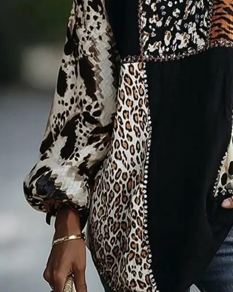 Blouse Round Neck Leopard Tiger Print Contrast