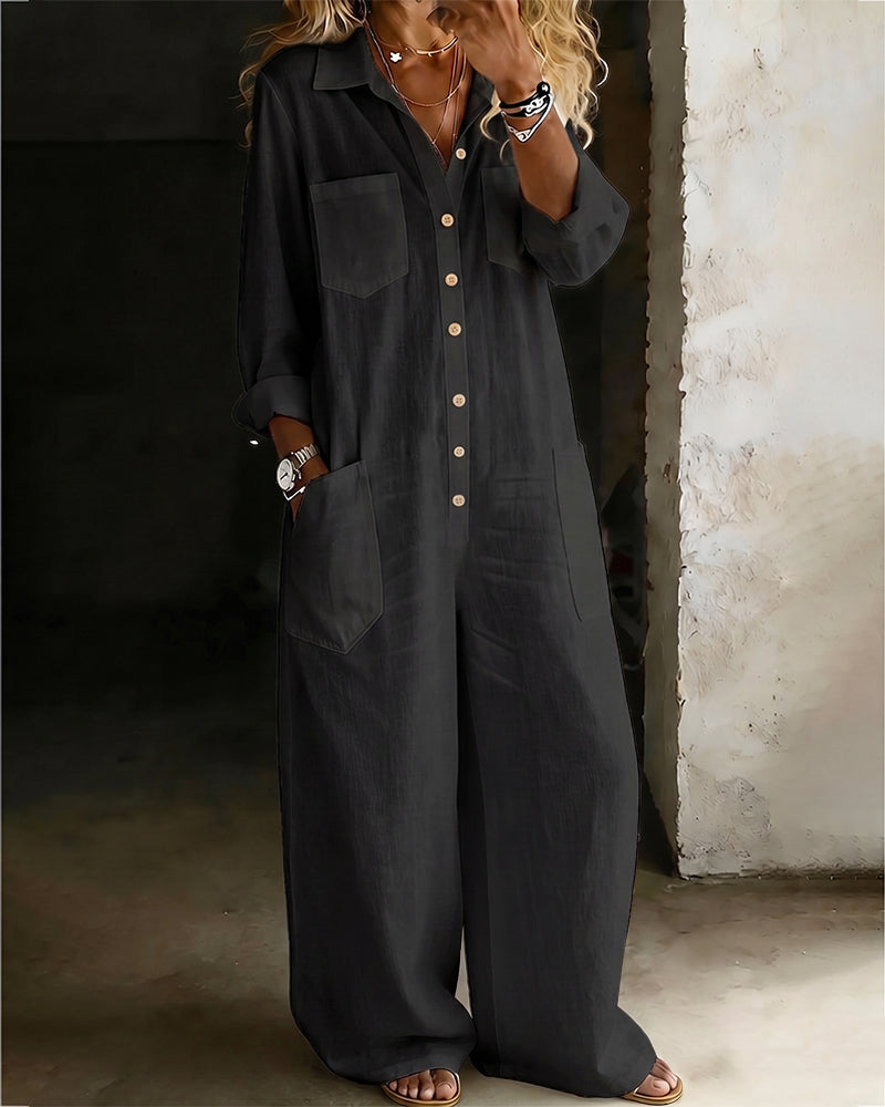100% Cotton Casual Lapel Jumpsuit Wide Leg