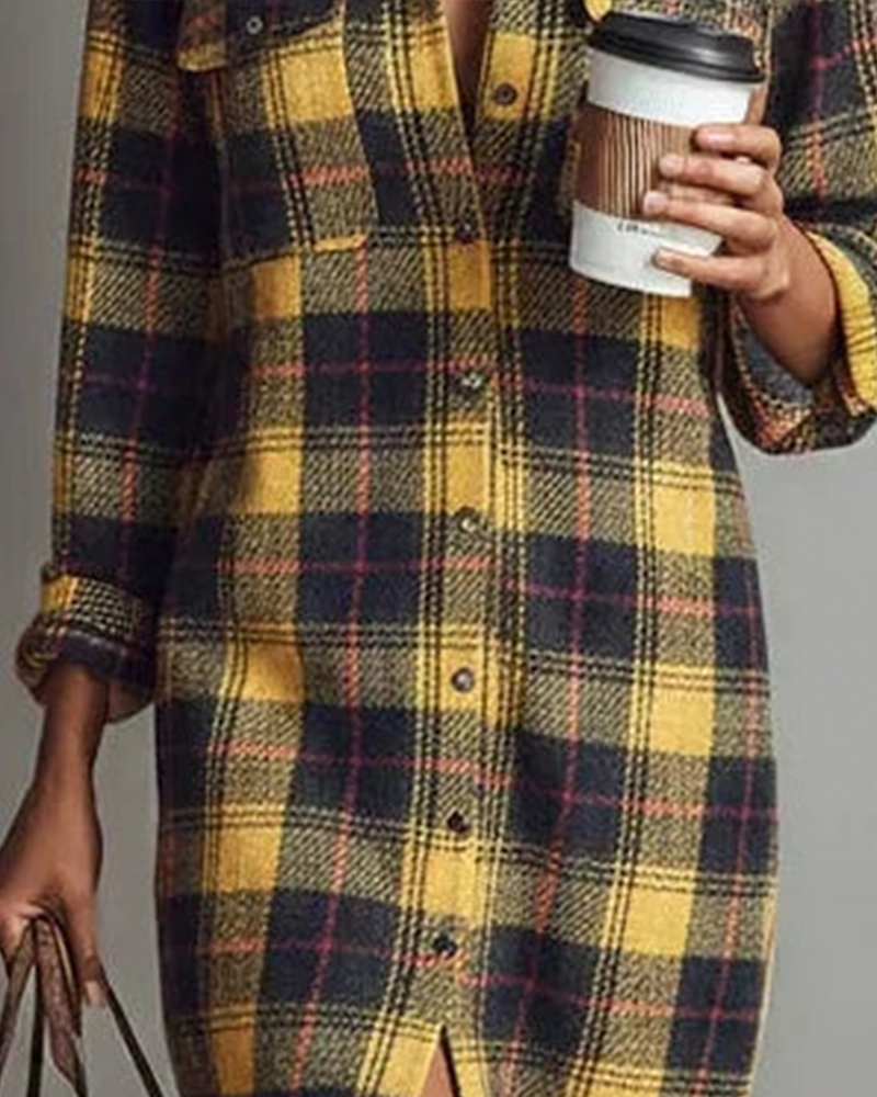 Dress with Shirt Collar Checkered Long Sleeve