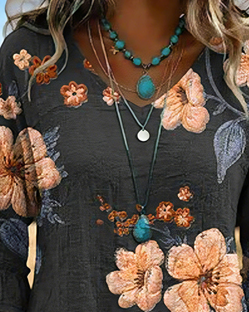 Vintage Floral V-Neck Blouse Loose Fit