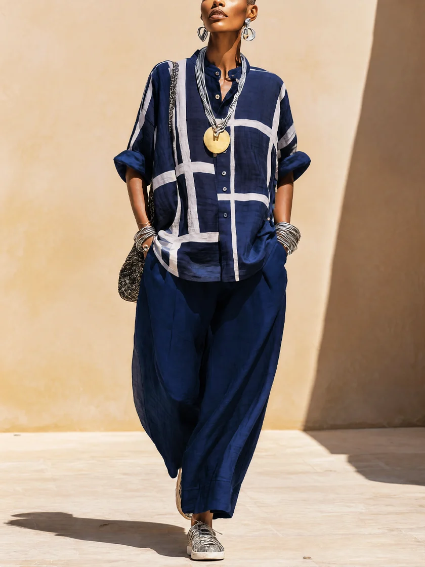 Navy Blue Loose Shirt Casual Pants Set