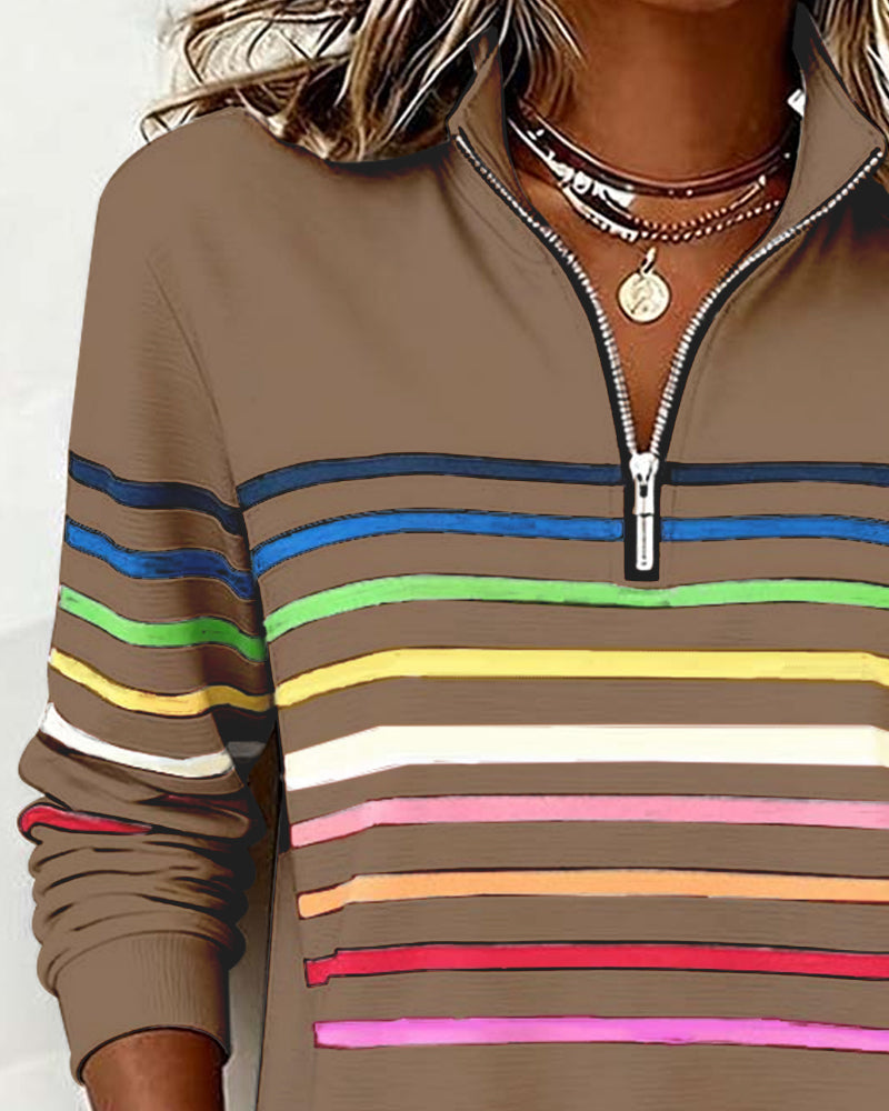 Mode Sweatshirt with Half Zip and Rainbow Stripes