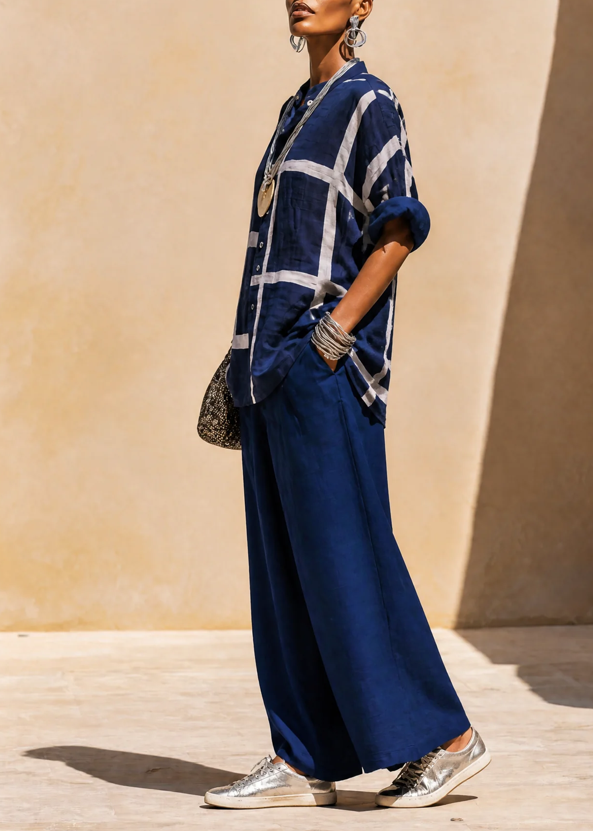 Navy Blue Loose Shirt Casual Pants Set