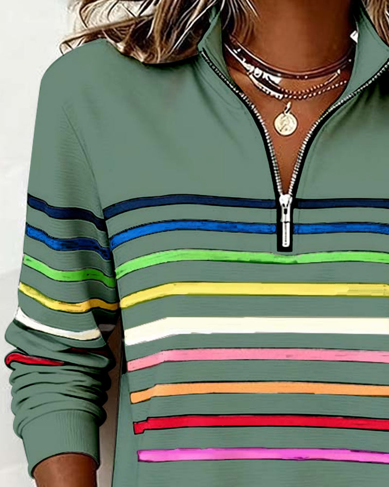 Mode Sweatshirt with Half Zip and Rainbow Stripes