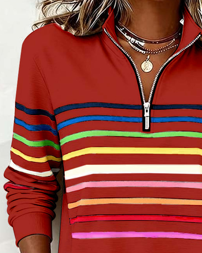 Mode Sweatshirt with Half Zip and Rainbow Stripes