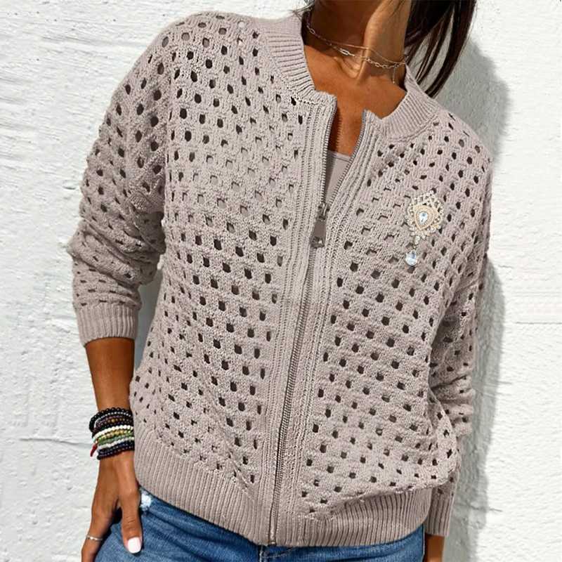 Casual Zip-Up Cardigan for Women with Hollow Design