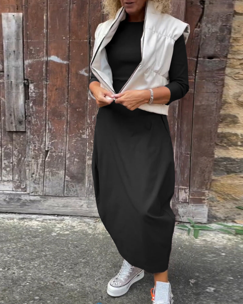 Simple Solid Color Long Sleeved Dress with Pockets