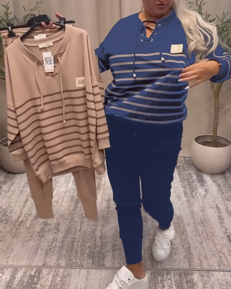 Casual Striped Sports Set with Relaxed Ankle Pants
